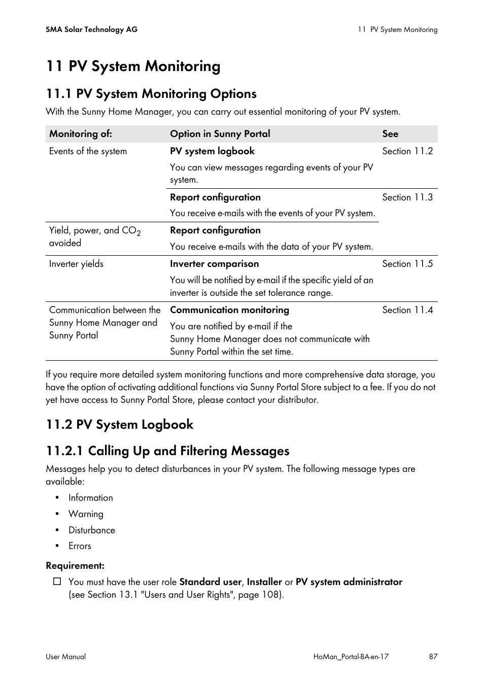 11 pv system monitoring, 1 pv system monitoring options, 2 pv system logbook | 1 calling up and filtering messages | SMA SUNNY HOME MANAGER User Manual | Page 87 / 132