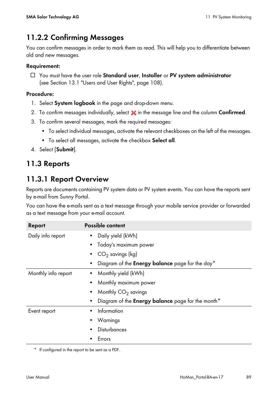 2 confirming messages, 3 reports, 1 report overview | Section 11.3 | SMA SUNNY HOME MANAGER User Manual | Page 89 / 132