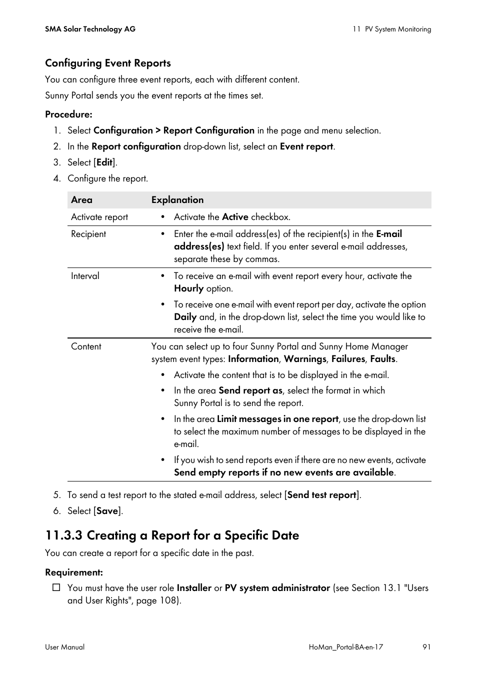 3 creating a report for a specific date | SMA SUNNY HOME MANAGER User Manual | Page 91 / 132
