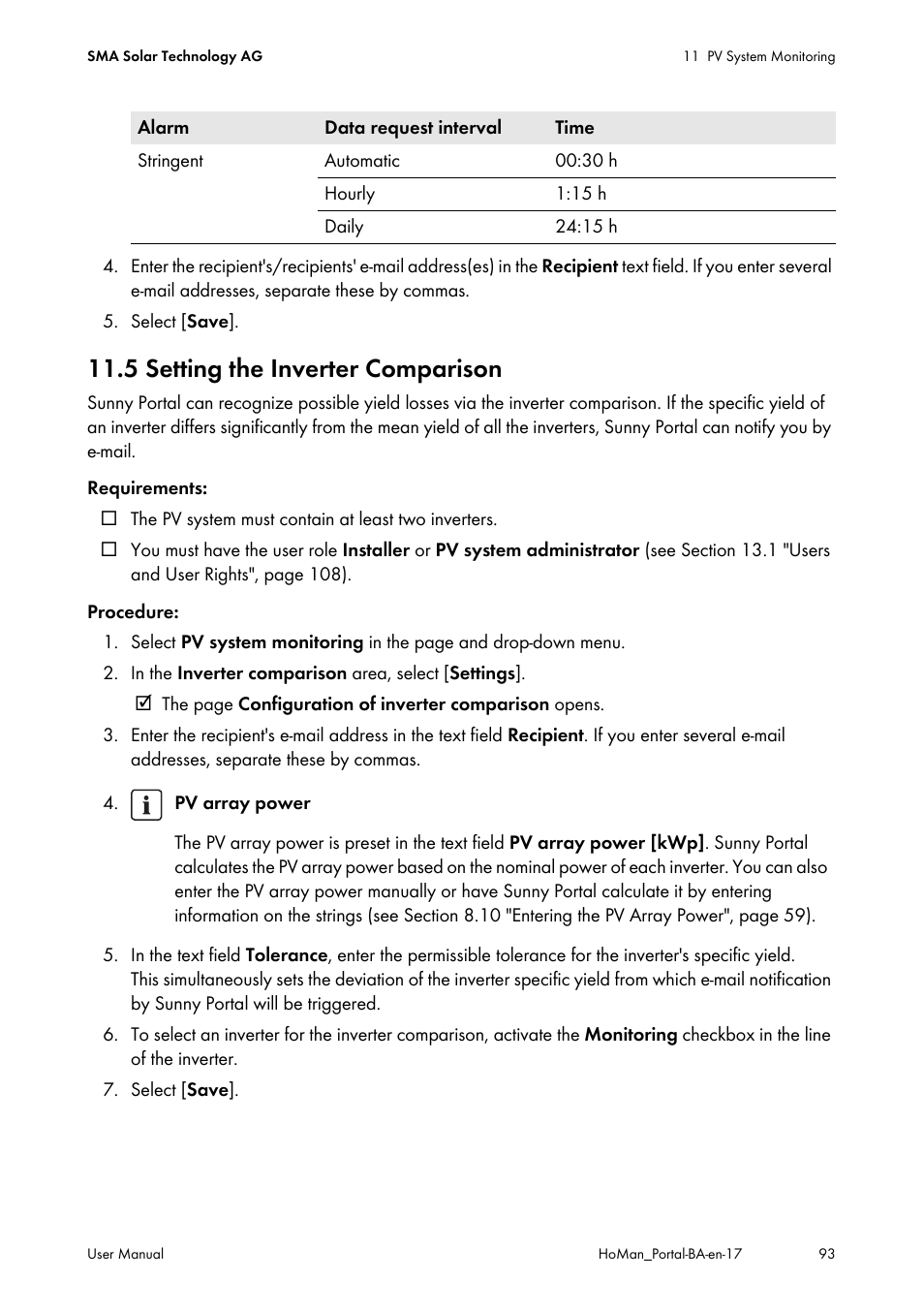 5 setting the inverter comparison, Ted (see section 11.5 "setting the, Section 11.5 | SMA SUNNY HOME MANAGER User Manual | Page 93 / 132