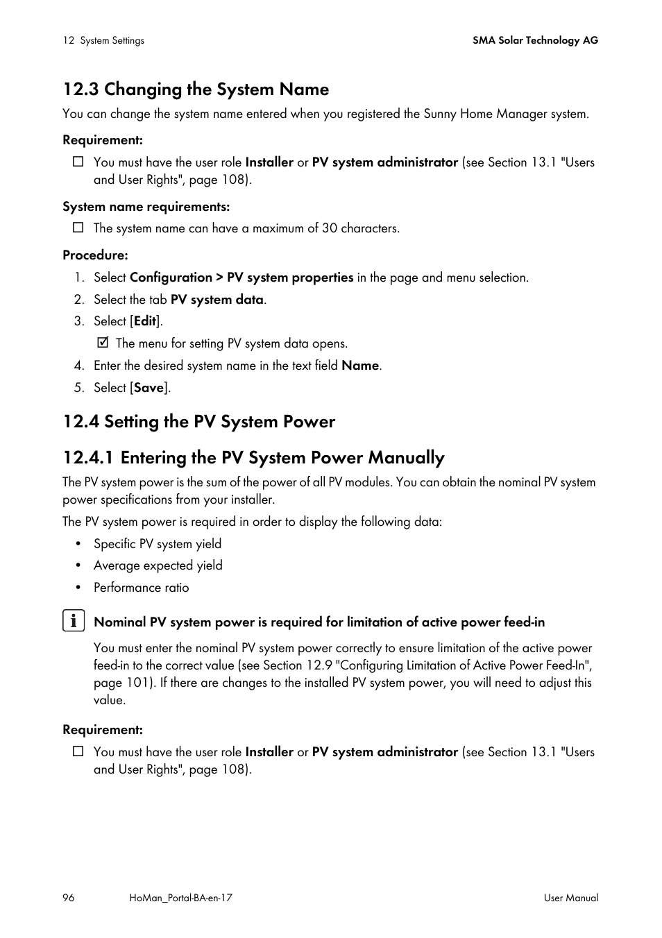 3 changing the system name, 4 setting the pv system power, 1 entering the pv system power manually | Ion 12.4, Ee section 12.4 | SMA SUNNY HOME MANAGER User Manual | Page 96 / 132