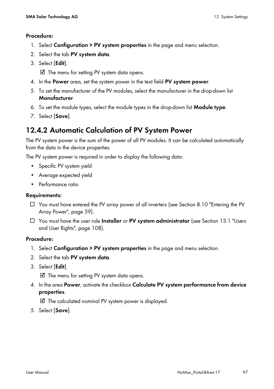 2 automatic calculation of pv system power | SMA SUNNY HOME MANAGER User Manual | Page 97 / 132