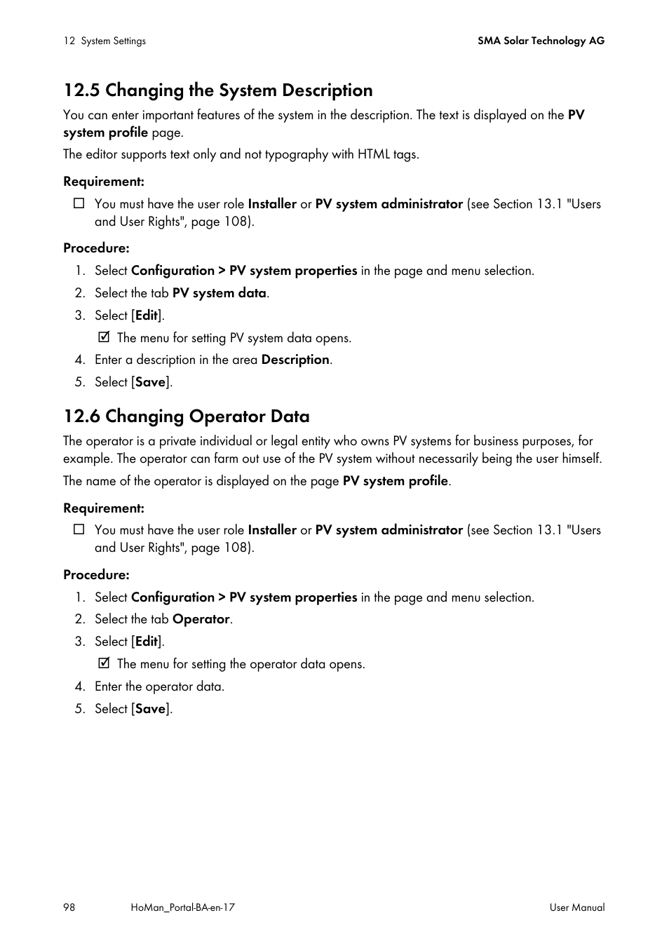 5 changing the system description, 6 changing operator data, Ion 12.6 | Ee section 12.5 | SMA SUNNY HOME MANAGER User Manual | Page 98 / 132