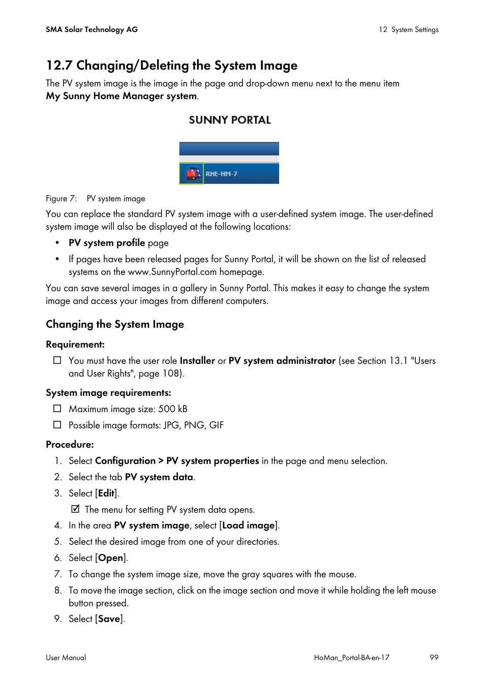 7 changing/deleting the system image, Ee section 12.7 | SMA SUNNY HOME MANAGER User Manual | Page 99 / 132