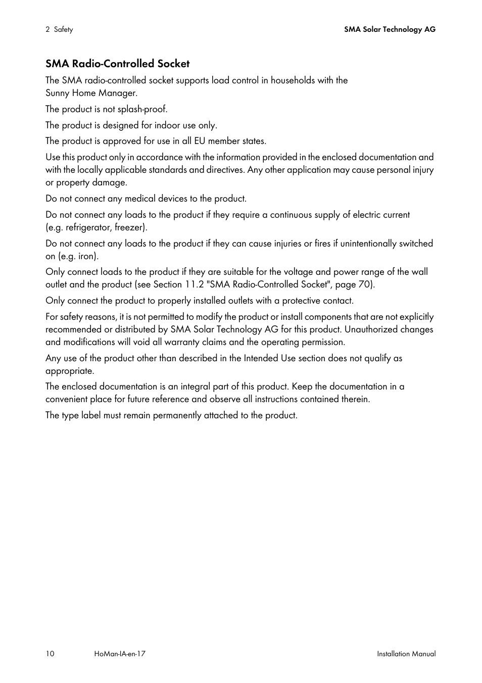 Sma radio-controlled socket | SMA SUNNY HOME MANAGER Installation User Manual | Page 10 / 77