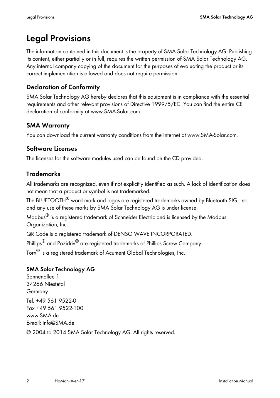 Legal provisions | SMA SUNNY HOME MANAGER Installation User Manual | Page 2 / 77