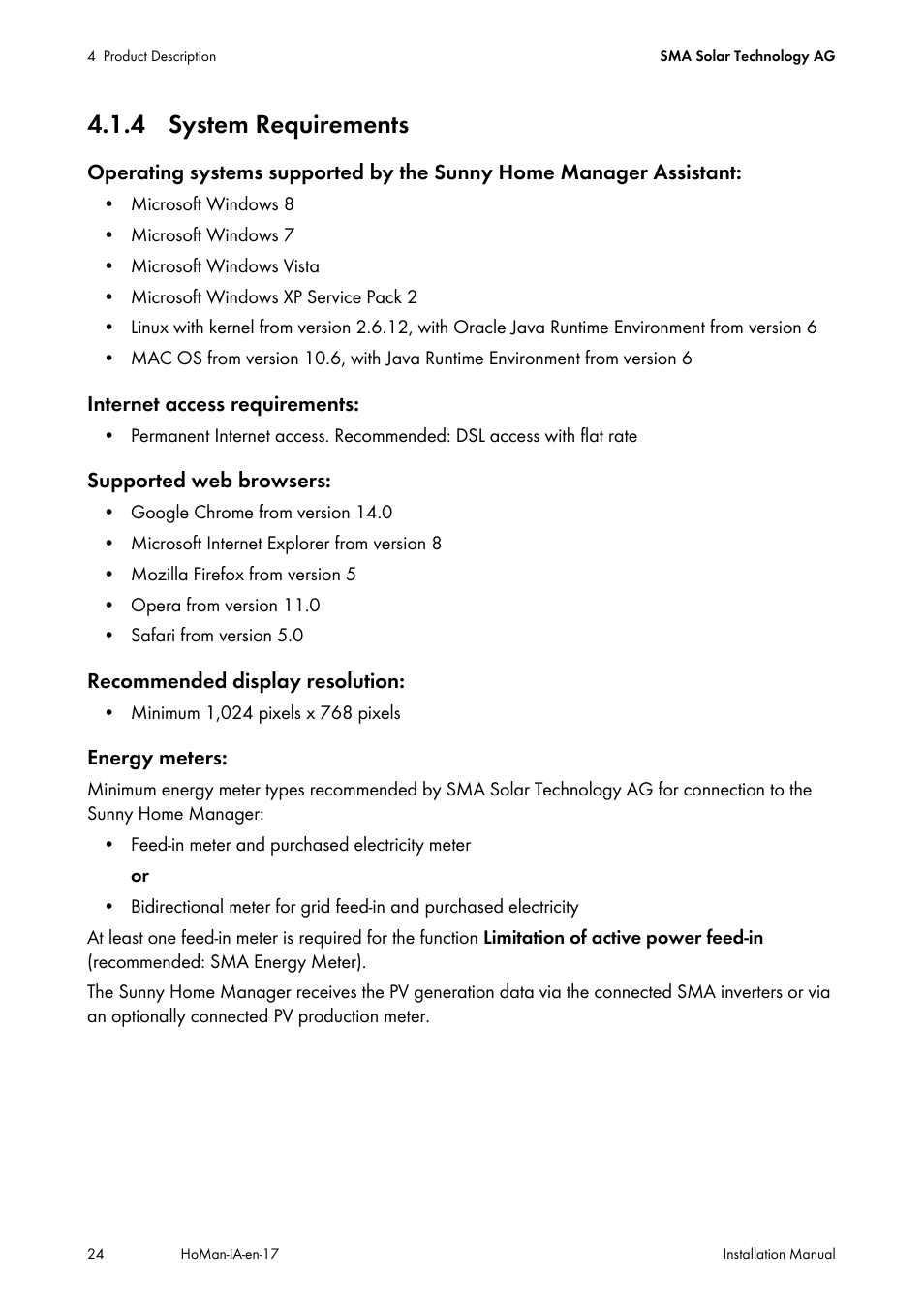 4 system requirements | SMA SUNNY HOME MANAGER Installation User Manual | Page 24 / 77