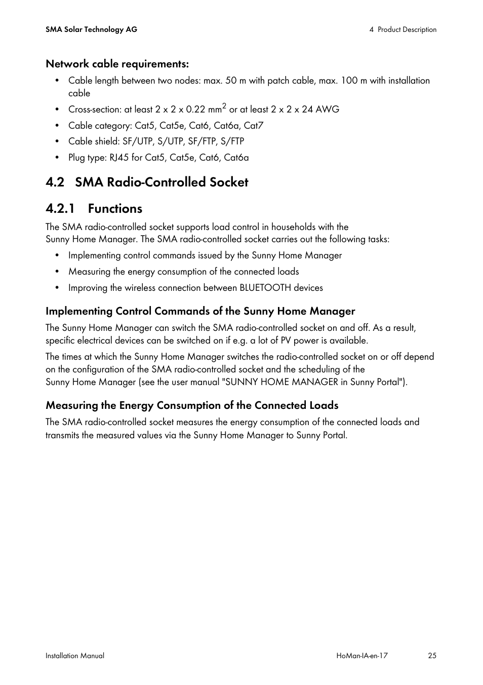 2 sma radio-controlled socket, 1 functions, 2 sma radio-controlled socket 4.2.1 functions | SMA SUNNY HOME MANAGER Installation User Manual | Page 25 / 77