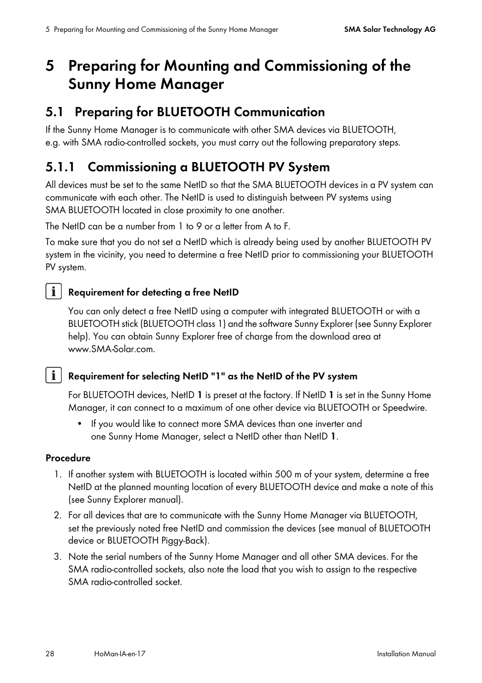 1 preparing for bluetooth communication, 1 commissioning a bluetooth pv system, 5 preparing for mounting and commissioning of the | Sunny home manager | SMA SUNNY HOME MANAGER Installation User Manual | Page 28 / 77