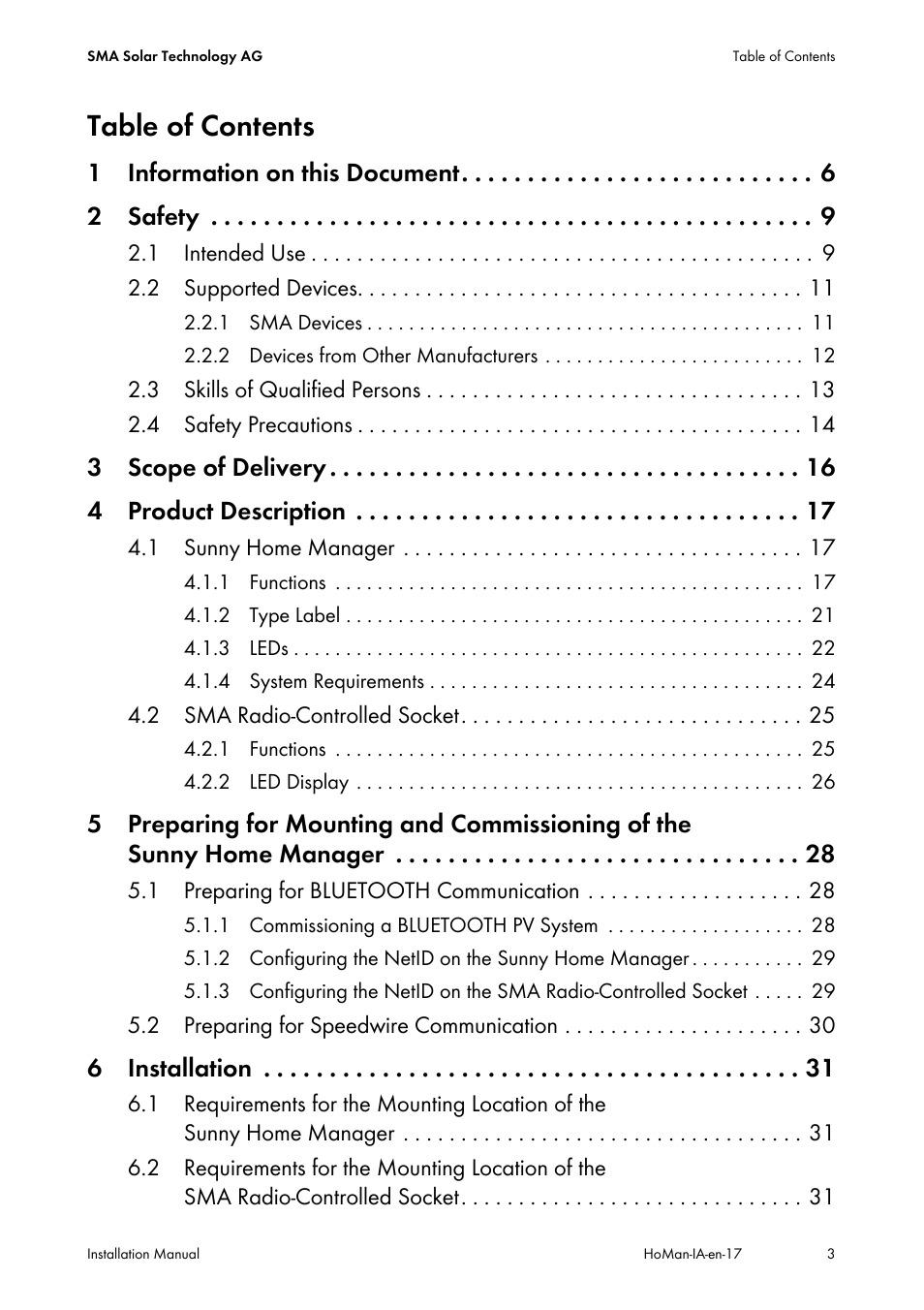 SMA SUNNY HOME MANAGER Installation User Manual | Page 3 / 77