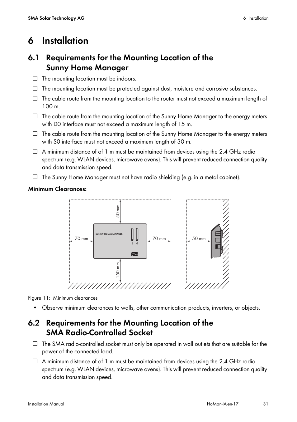 6 installation, 1 requirements for the mounting location of the, Sunny home manager | 2 requirements for the mounting location of the, Sma radio-controlled socket | SMA SUNNY HOME MANAGER Installation User Manual | Page 31 / 77