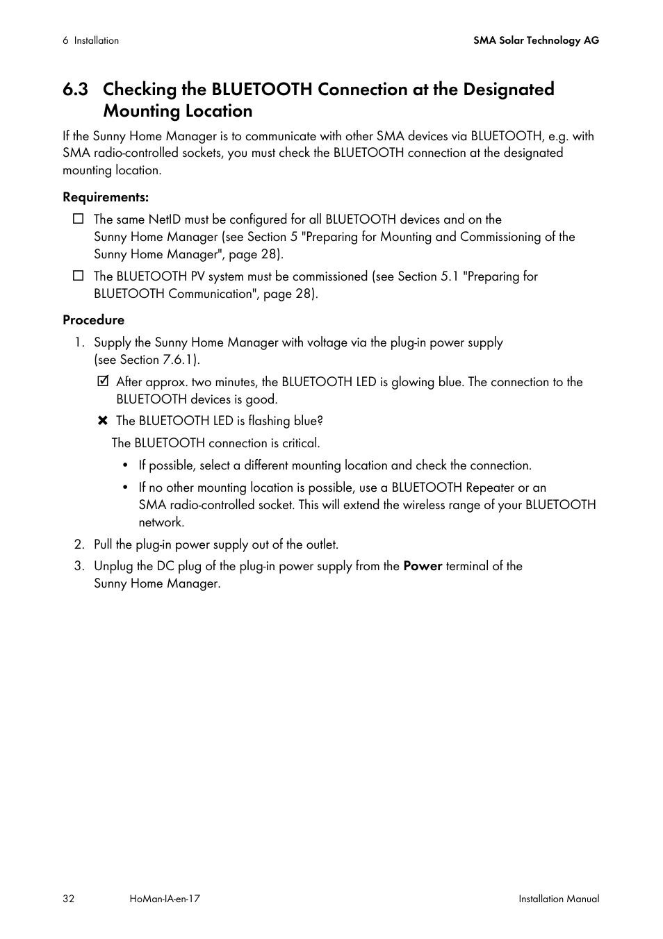 3 checking the bluetooth connection at the, Designated mounting location | SMA SUNNY HOME MANAGER Installation User Manual | Page 32 / 77