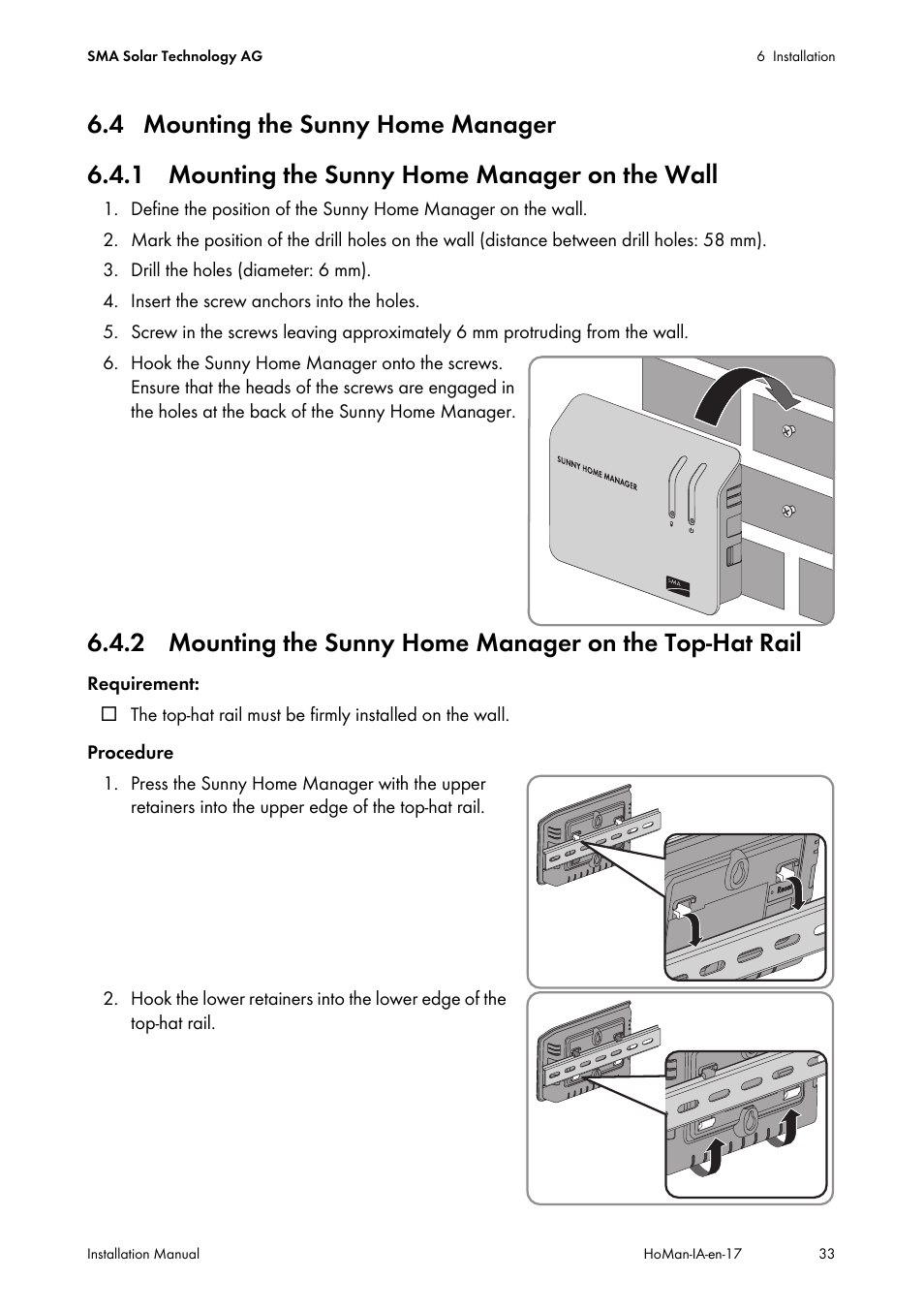 4 mounting the sunny home manager, 1 mounting the sunny home manager on the wall | SMA SUNNY HOME MANAGER Installation User Manual | Page 33 / 77