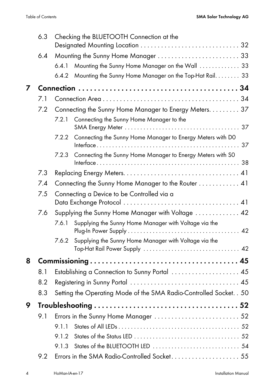 7 connection, 8 commissioning, 9 troubleshooting | SMA SUNNY HOME MANAGER Installation User Manual | Page 4 / 77