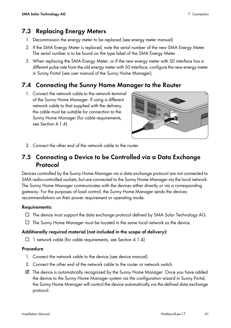 3 replacing energy meters, 4 connecting the sunny home manager to the router, Data exchange protocol | SMA SUNNY HOME MANAGER Installation User Manual | Page 41 / 77