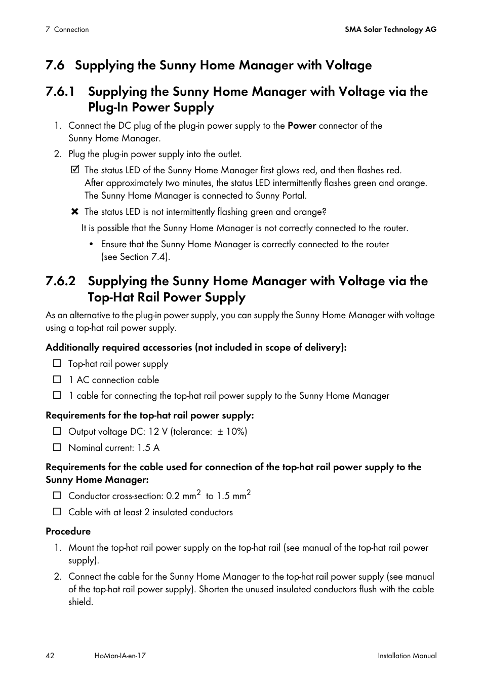 6 supplying the sunny home manager with voltage, Plug-in power supply, Top-hat rail power supply | See section 7.6.1) | SMA SUNNY HOME MANAGER Installation User Manual | Page 42 / 77