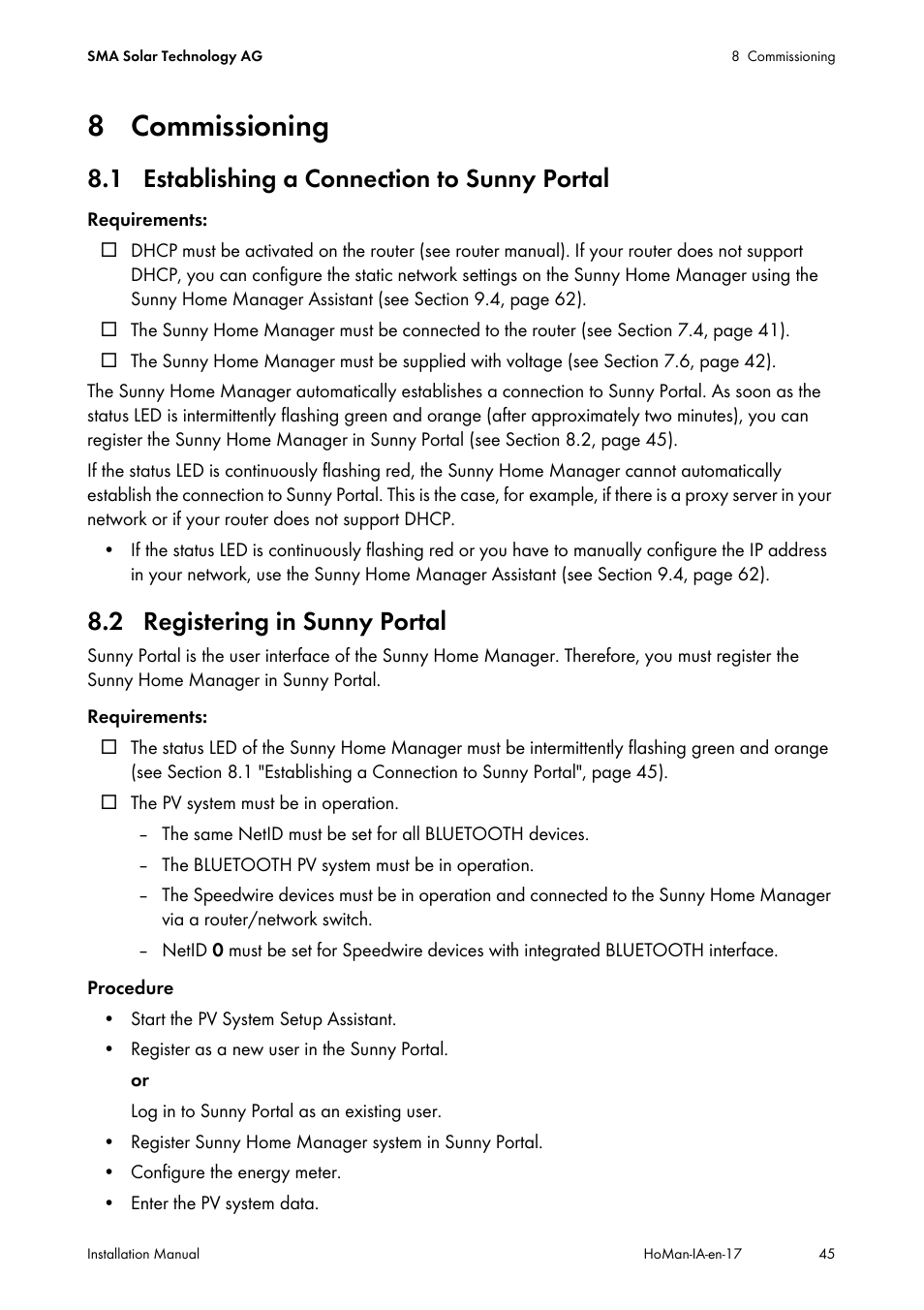 8 commissioning, 1 establishing a connection to sunny portal, 2 registering in sunny portal | SMA SUNNY HOME MANAGER Installation User Manual | Page 45 / 77