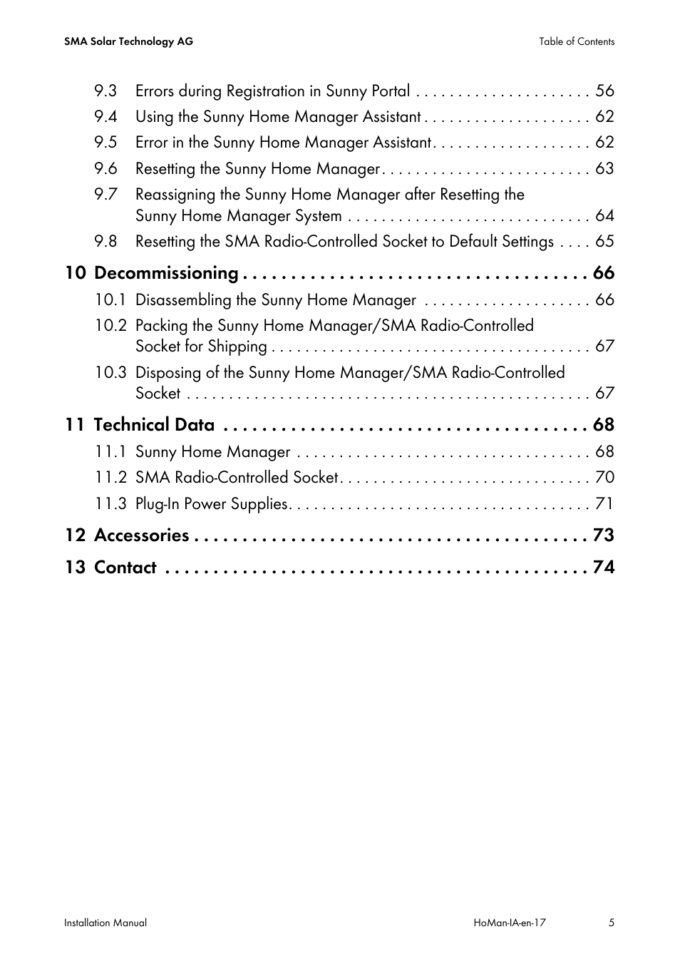 10 decommissioning, 11 technical data, 12 accessories 13 contact | SMA SUNNY HOME MANAGER Installation User Manual | Page 5 / 77