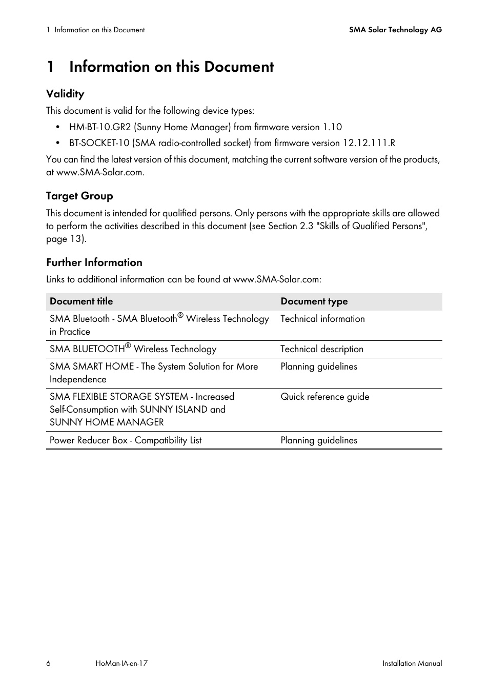 1 information on this document | SMA SUNNY HOME MANAGER Installation User Manual | Page 6 / 77