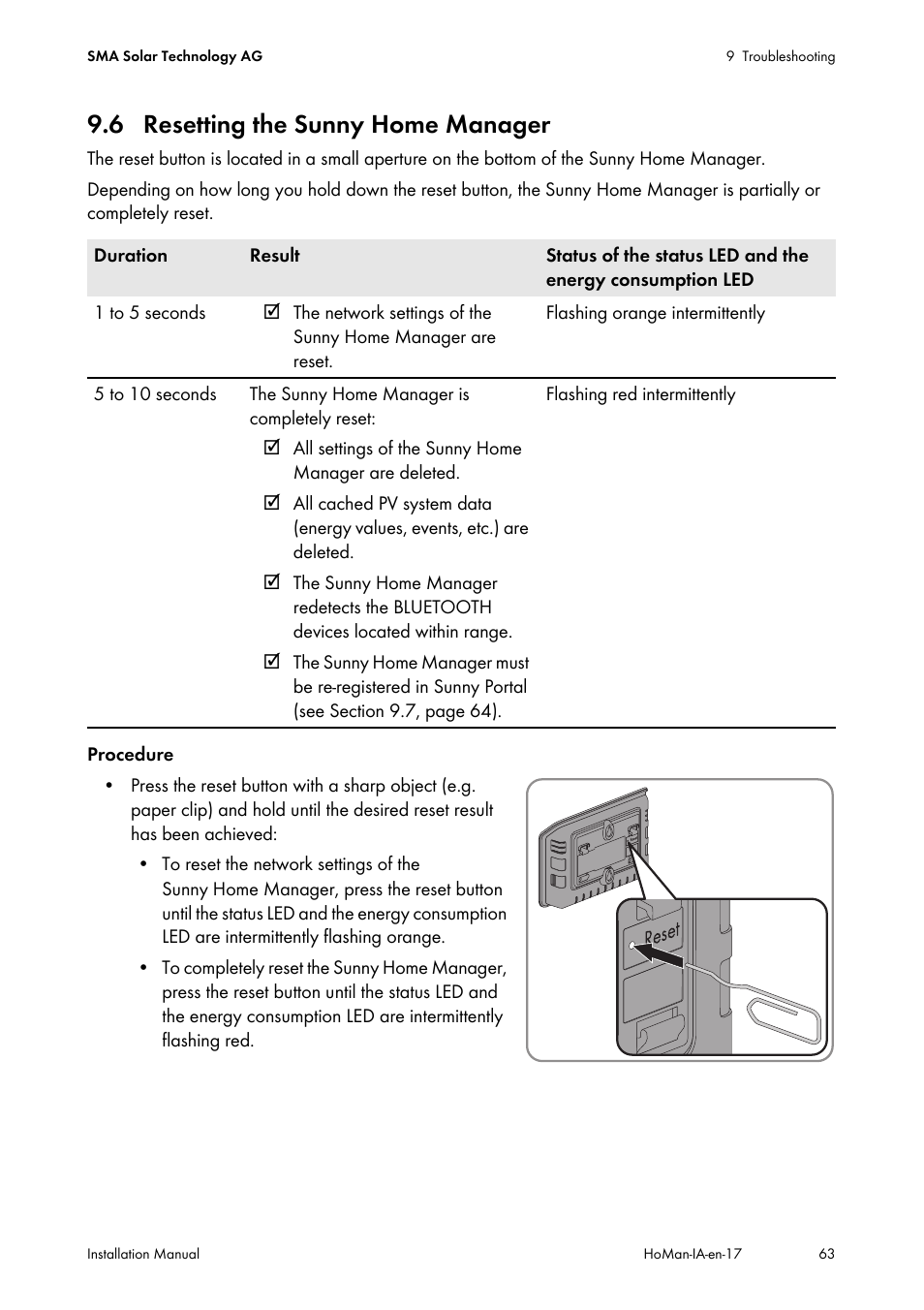 6 resetting the sunny home manager, Manager (see section 9.6) | SMA SUNNY HOME MANAGER Installation User Manual | Page 63 / 77