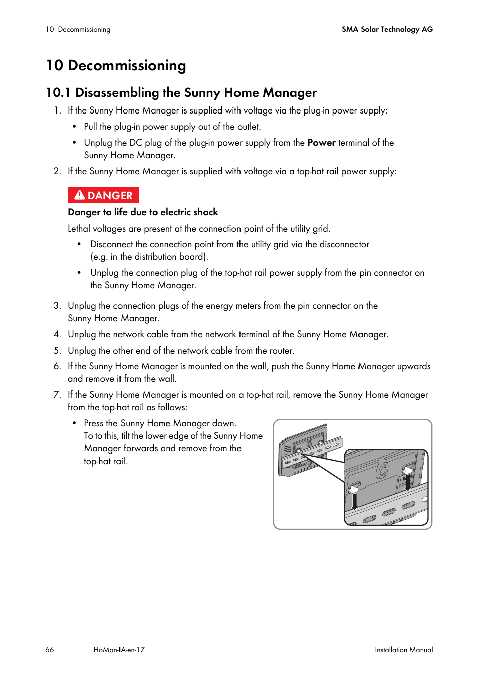 10 decommissioning, 1 disassembling the sunny home manager | SMA SUNNY HOME MANAGER Installation User Manual | Page 66 / 77