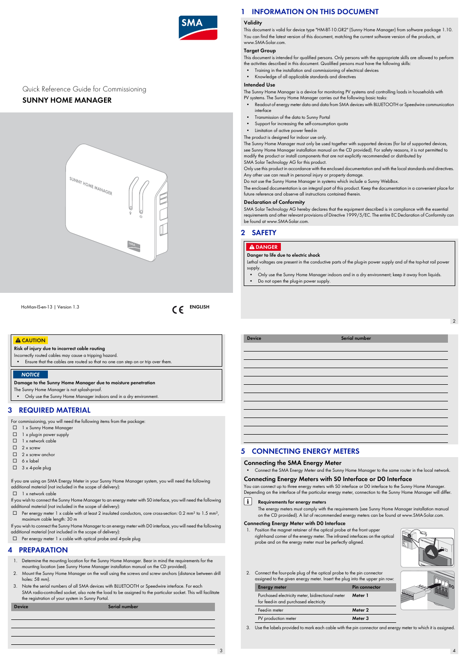 SMA SUNNY HOME MANAGER Quick Reference Guide User Manual | 2 pages
