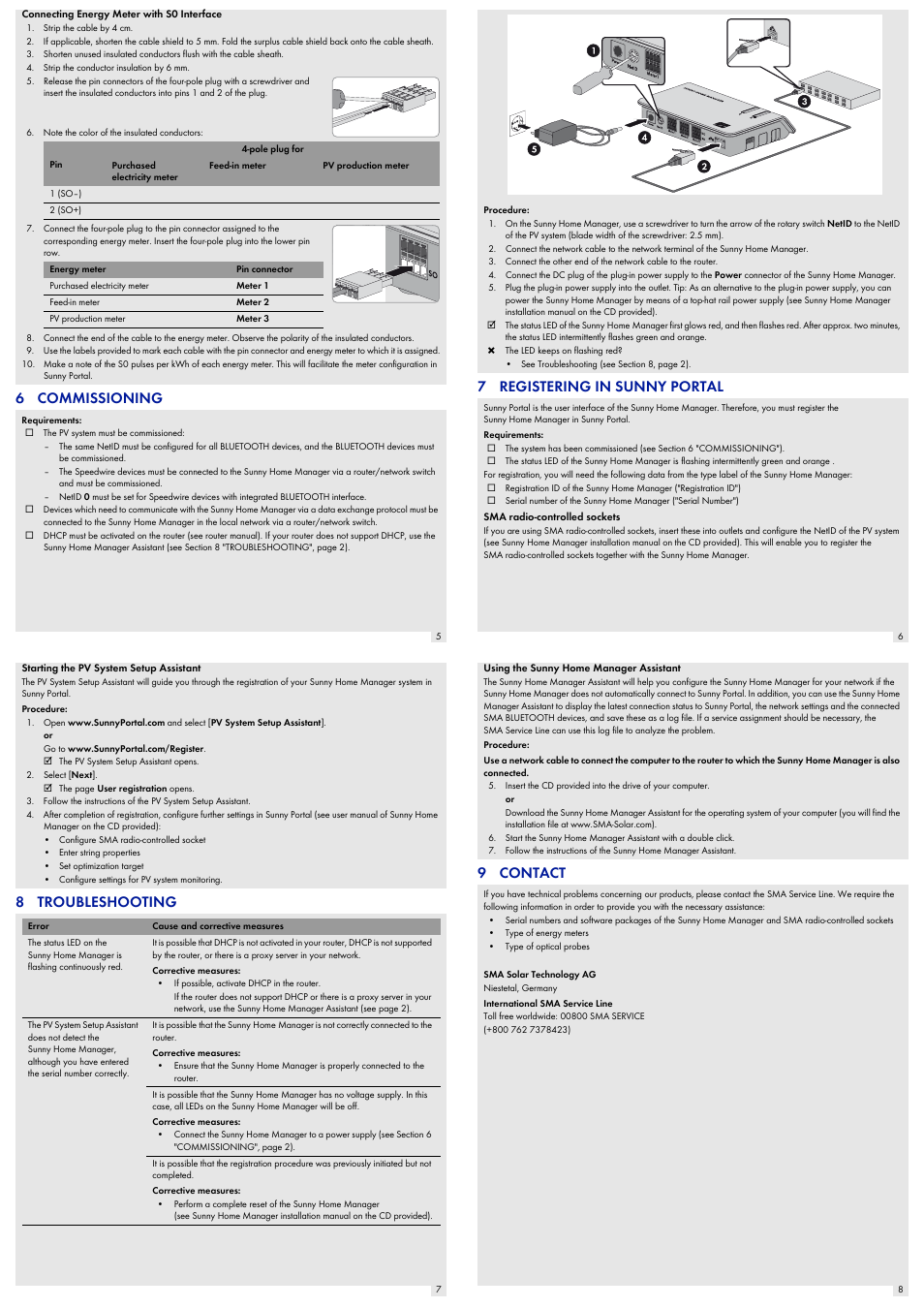 6 commissioning, 7 registering in sunny portal, 8 troubleshooting | 9 contact | SMA SUNNY HOME MANAGER Quick Reference Guide User Manual | Page 2 / 2