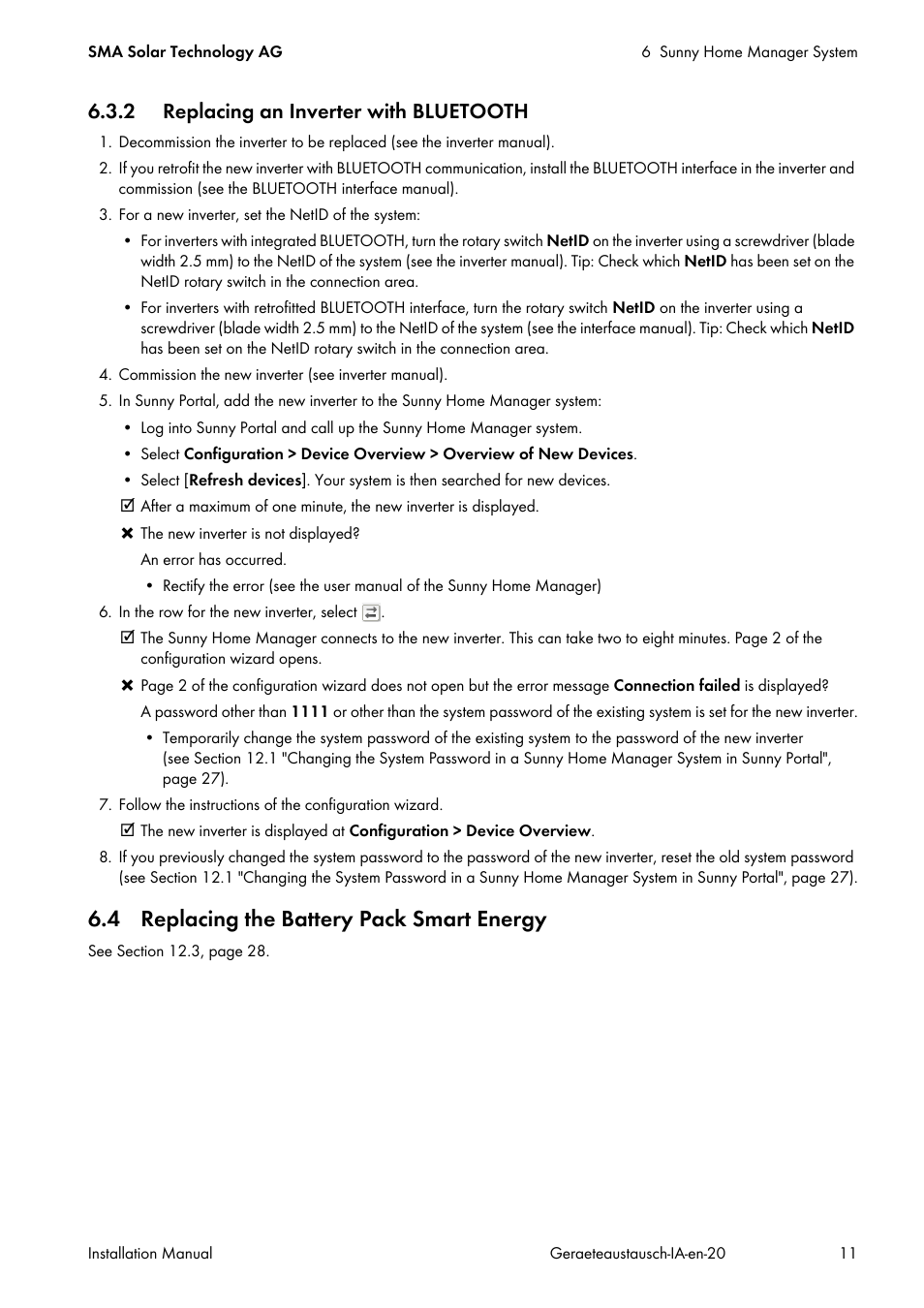 2 replacing an inverter with bluetooth, 4 replacing the battery pack smart energy | SMA Replacement of SMA Devices in Systems with SMA User Manual | Page 11 / 32