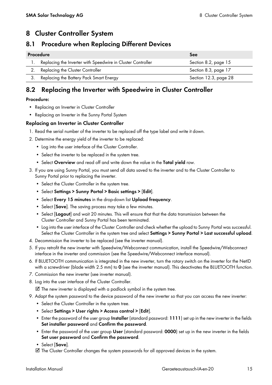 8 cluster controller system, 1 procedure when replacing different devices | SMA Replacement of SMA Devices in Systems with SMA User Manual | Page 15 / 32