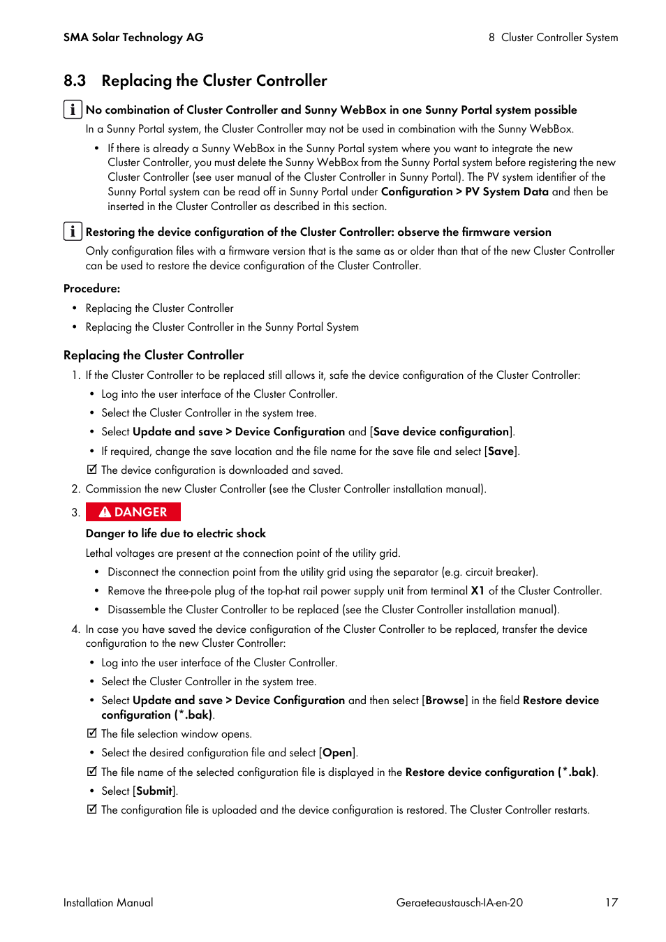 3 replacing the cluster controller | SMA Replacement of SMA Devices in Systems with SMA User Manual | Page 17 / 32