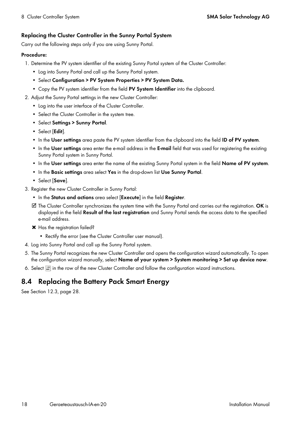 4 replacing the battery pack smart energy | SMA Replacement of SMA Devices in Systems with SMA User Manual | Page 18 / 32