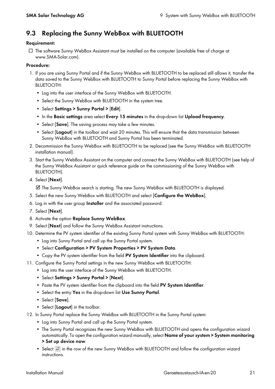 3 replacing the sunny webbox with bluetooth | SMA Replacement of SMA Devices in Systems with SMA User Manual | Page 21 / 32