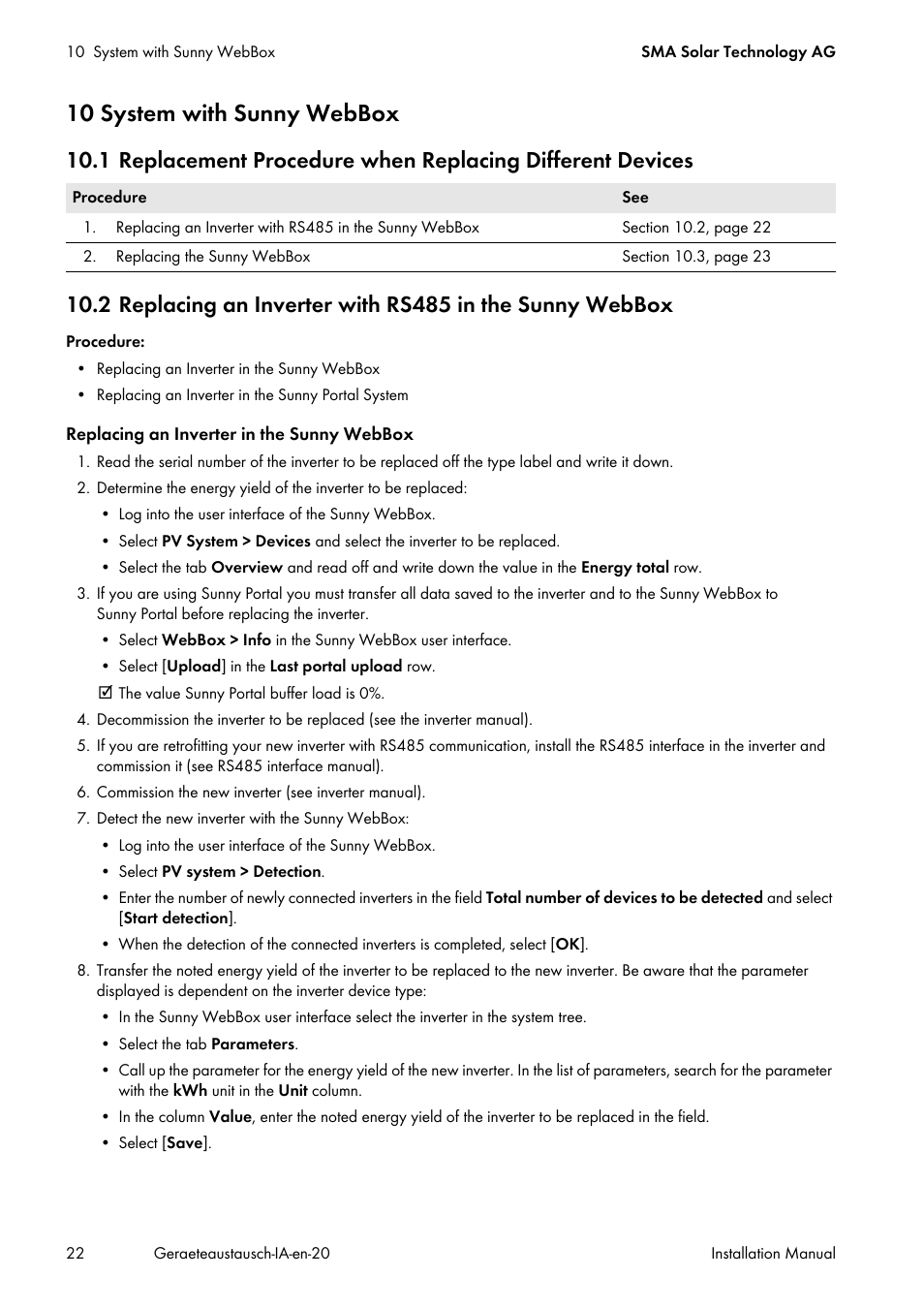 10 system with sunny webbox | SMA Replacement of SMA Devices in Systems with SMA User Manual | Page 22 / 32
