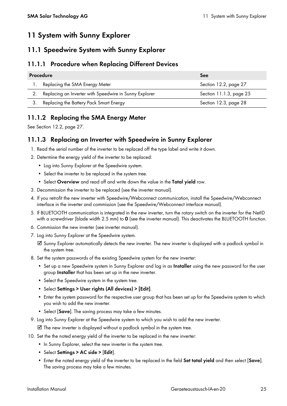 11 system with sunny explorer, 1 speedwire system with sunny explorer, 1 procedure when replacing different devices | 2 replacing the sma energy meter | SMA Replacement of SMA Devices in Systems with SMA User Manual | Page 25 / 32