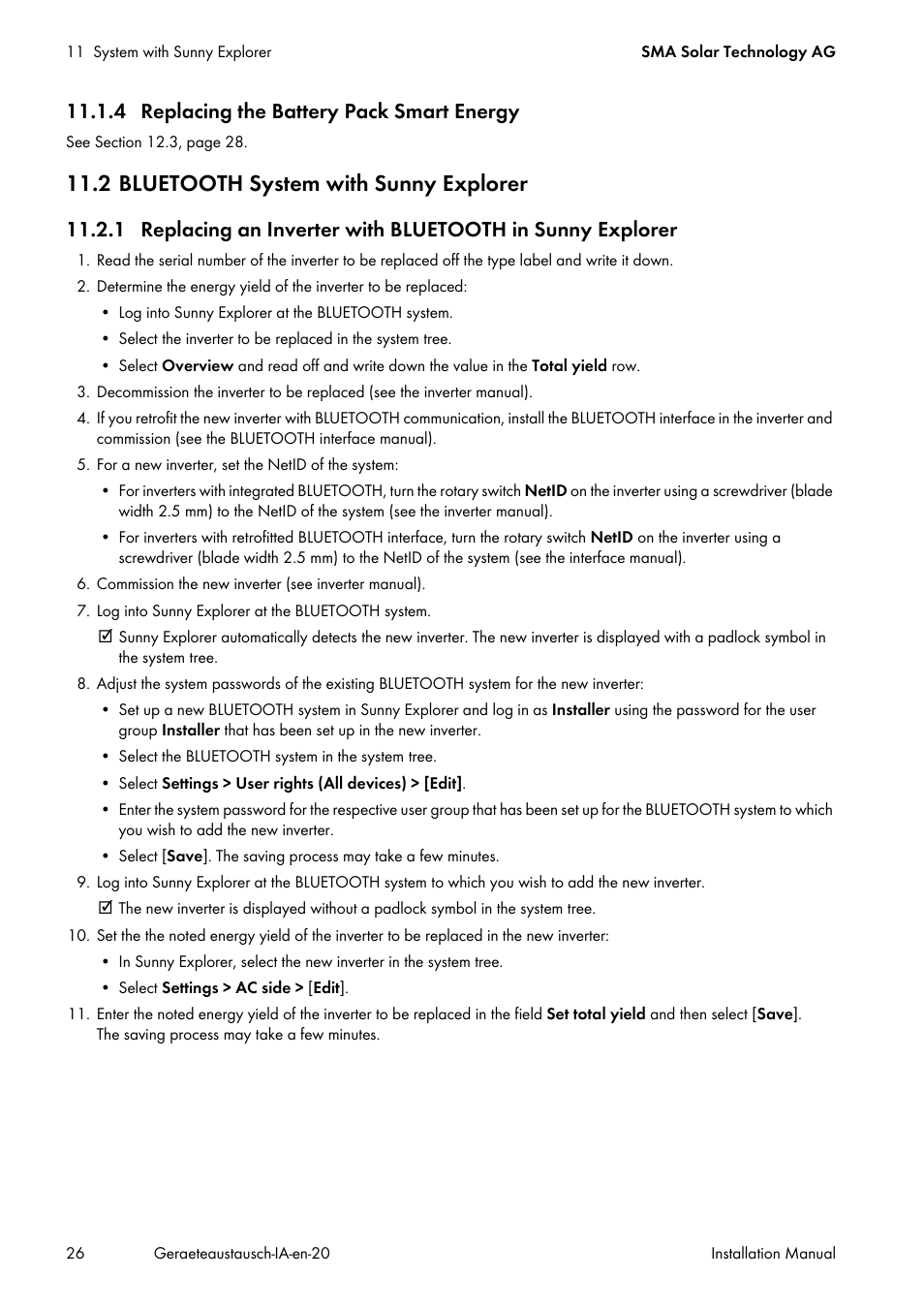 4 replacing the battery pack smart energy, 2 bluetooth system with sunny explorer | SMA Replacement of SMA Devices in Systems with SMA User Manual | Page 26 / 32