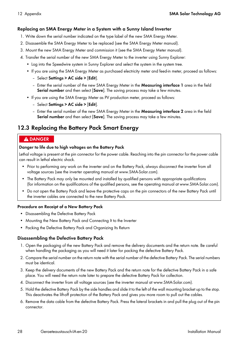 3 replacing the battery pack smart energy | SMA Replacement of SMA Devices in Systems with SMA User Manual | Page 28 / 32