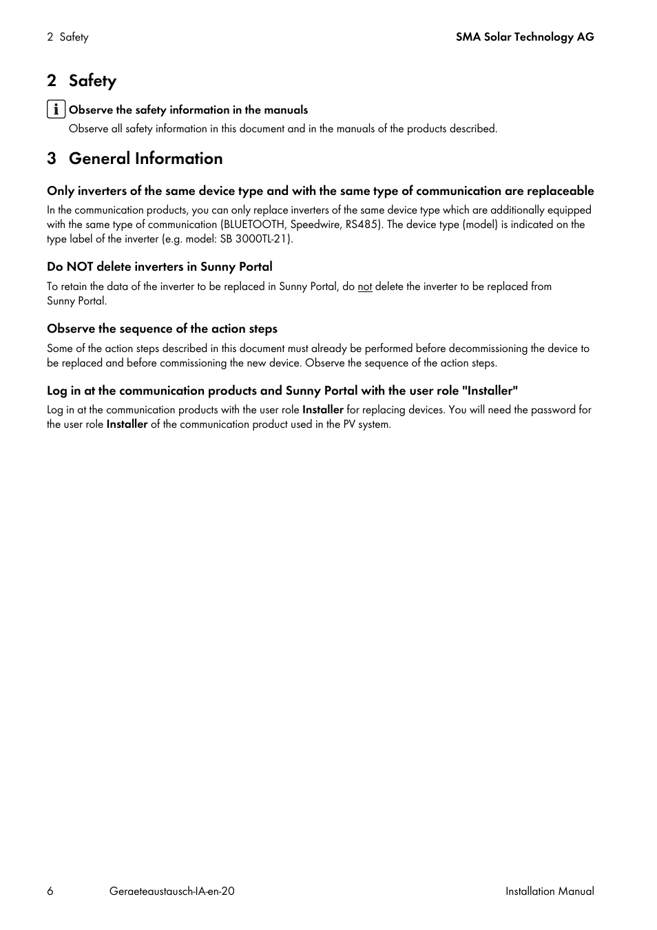 2 safety, 3 general information, 2 safety 3 general information | SMA Replacement of SMA Devices in Systems with SMA User Manual | Page 6 / 32