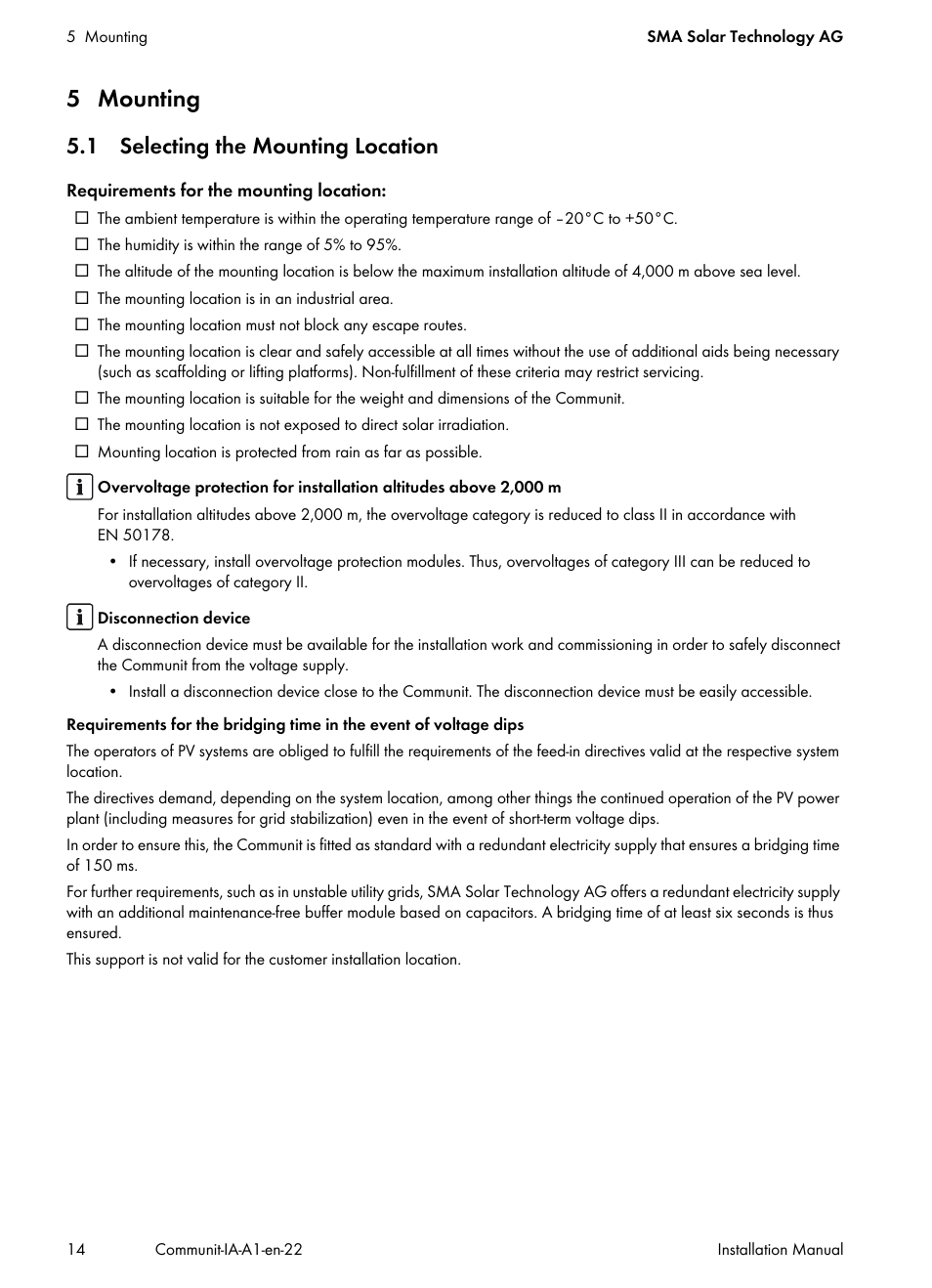 5 mounting, 1 selecting the mounting location | SMA Communit-10 User Manual | Page 14 / 44