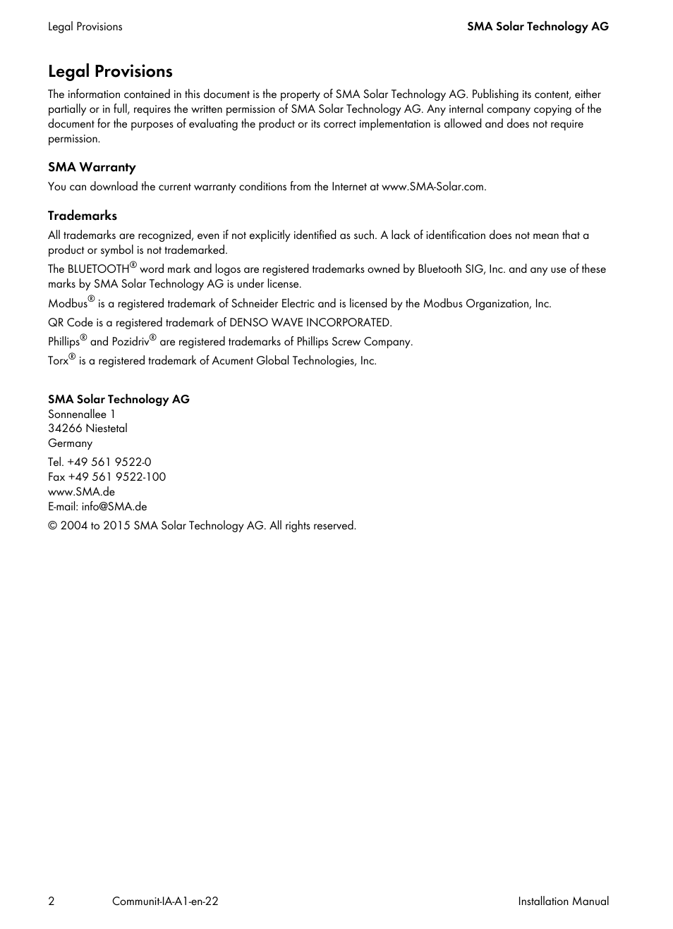Legal provisions | SMA Communit-10 User Manual | Page 2 / 44