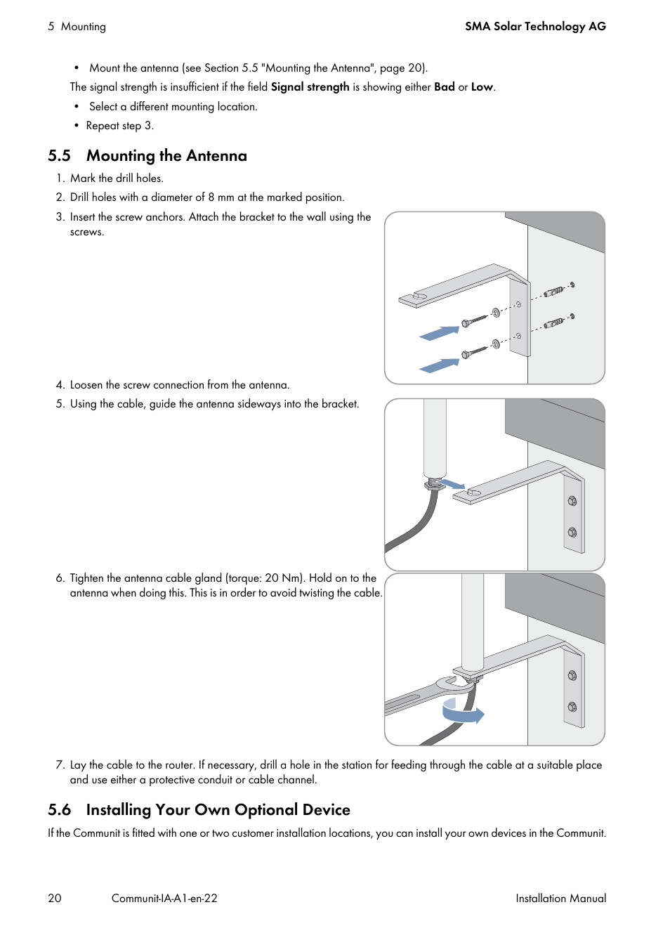 5 mounting the antenna, 6 installing your own optional device | SMA Communit-10 User Manual | Page 20 / 44