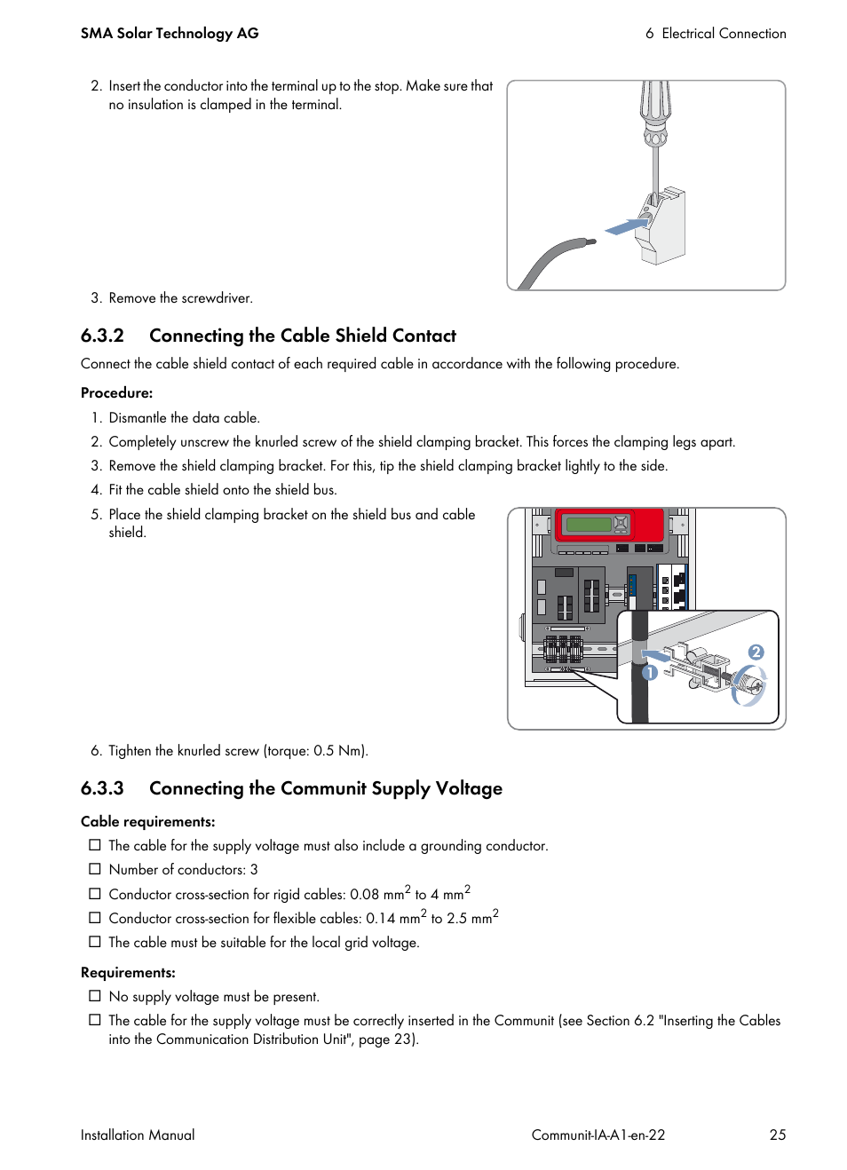 2 connecting the cable shield contact, 3 connecting the communit supply voltage | SMA Communit-10 User Manual | Page 25 / 44