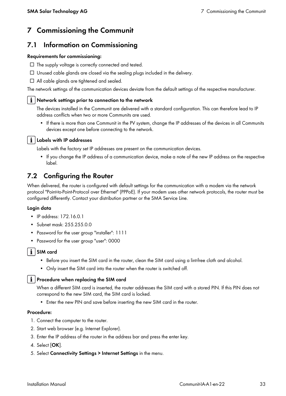 7 commissioning the communit, 1 information on commissioning, 2 configuring the router | SMA Communit-10 User Manual | Page 33 / 44