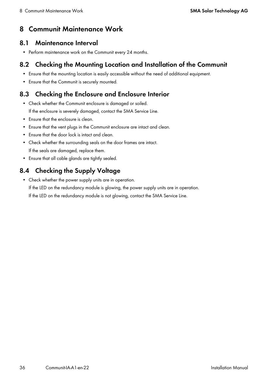 8 communit maintenance work, 1 maintenance interval, 3 checking the enclosure and enclosure interior | 4 checking the supply voltage | SMA Communit-10 User Manual | Page 36 / 44
