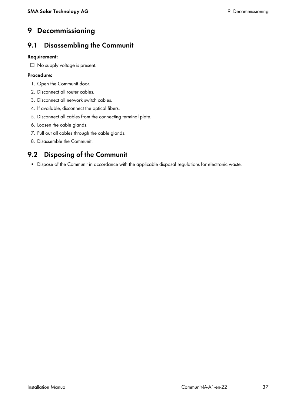 9 decommissioning, 1 disassembling the communit, 2 disposing of the communit | SMA Communit-10 User Manual | Page 37 / 44