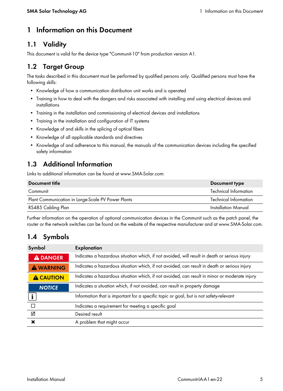 1 information on this document, 1 validity, 2 target group | 3 additional information, 4 symbols | SMA Communit-10 User Manual | Page 5 / 44