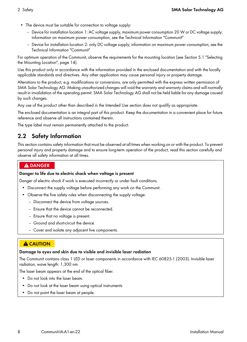 2 safety information | SMA Communit-10 User Manual | Page 8 / 44