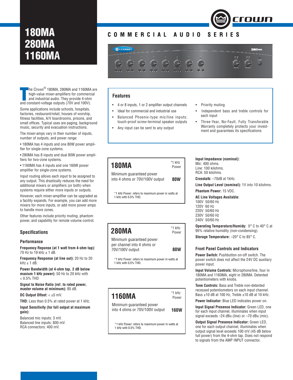 Crown Audio 1160MA User Manual | 2 pages