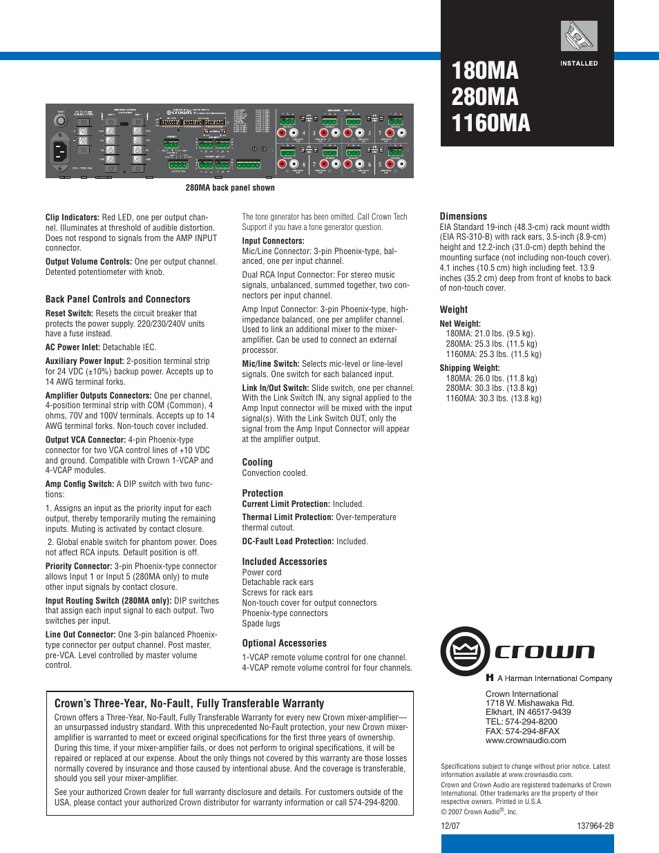 Crown Audio 1160MA User Manual | Page 2 / 2