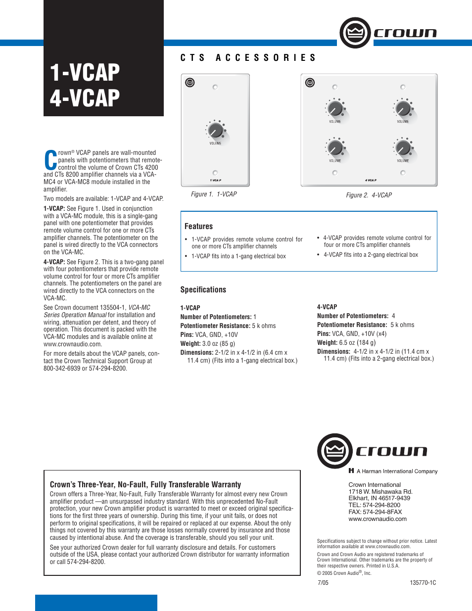 Crown Audio 1-VCAP User Manual | 1 page