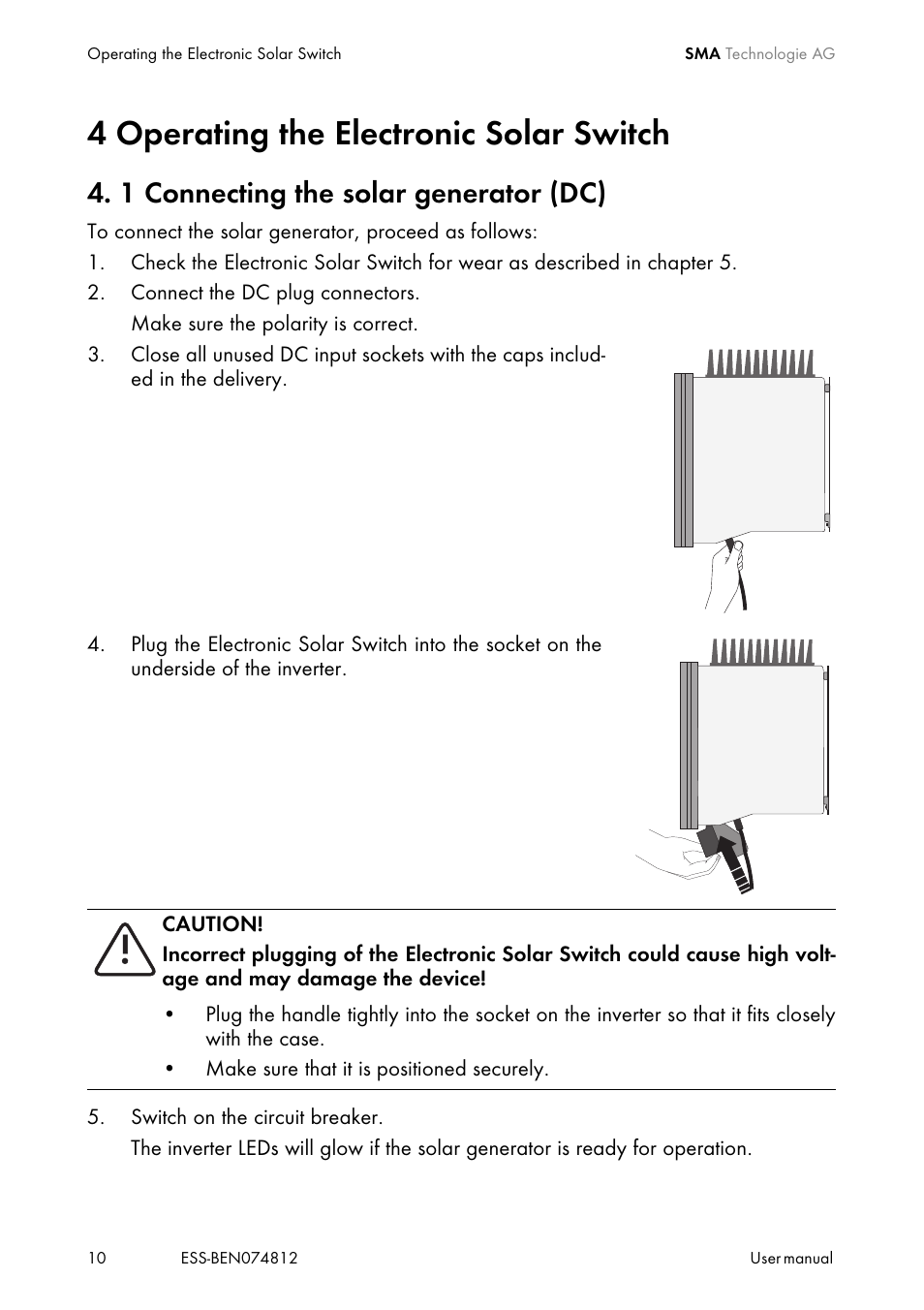 4 operating the electronic solar switch, 1 connecting the solar generator (dc), Operating the electronic solar switch | Connecting the solar generator (dc) | SMA ESS User Manual | Page 10 / 16